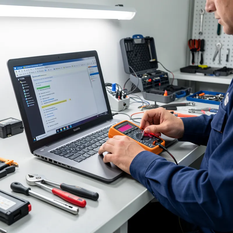 Professional laptop battery diagnostic testing with digital multimeter in Singapore repair workshop