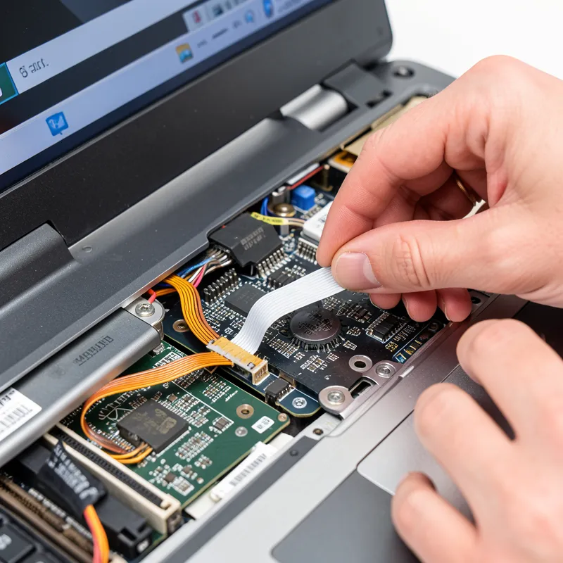 Detailed view of laptop internal display cable connection showing ribbon cable and motherboard connector during black screen diagnosis