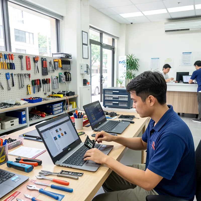 Modern laptop repair workshop in Singapore showing technician performing Asus display repair with professional equipment and tools