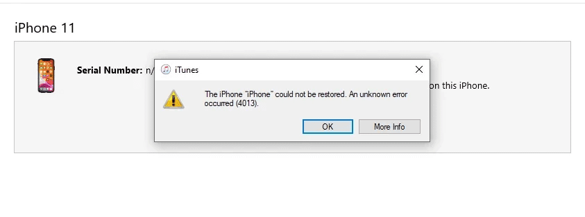 iTunes showing error 4013 when trying to restore iPhone
