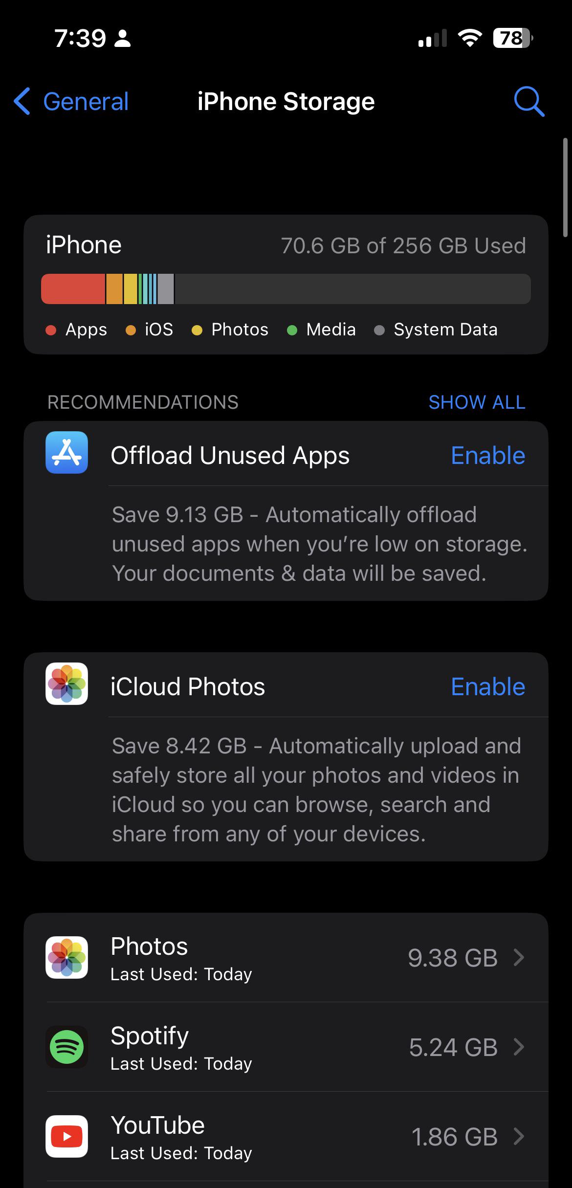 iPhone storage settings showing low space