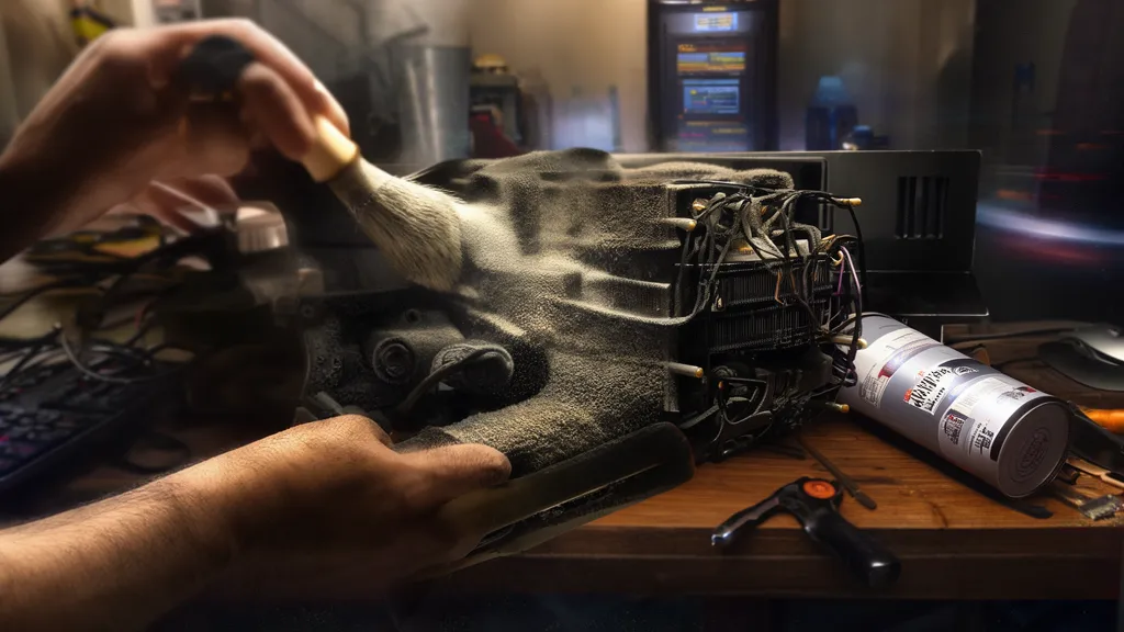 Cleaning GPU fan with brush and compressed air — dust removal Singapore