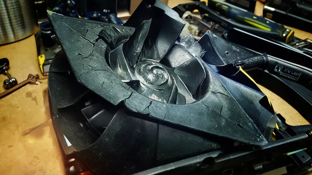 Cracked GPU fan blade — signs the fan needs replacing not just cleaning